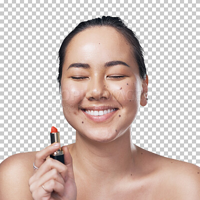 Buy stock photo Woman, happy and beauty with cosmetics for makeup with glow skincare with relaxed wellness. Young model, natural face and red lipstick for spa treatment and isolated on transparent png background