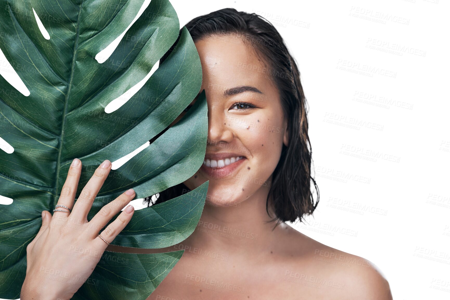 Buy stock photo Woman, beauty and smile or leaf, portrait and wellness or isolated on transparent png background. Asian female person, plant and organic skincare or self care, dermatology and natural treatment