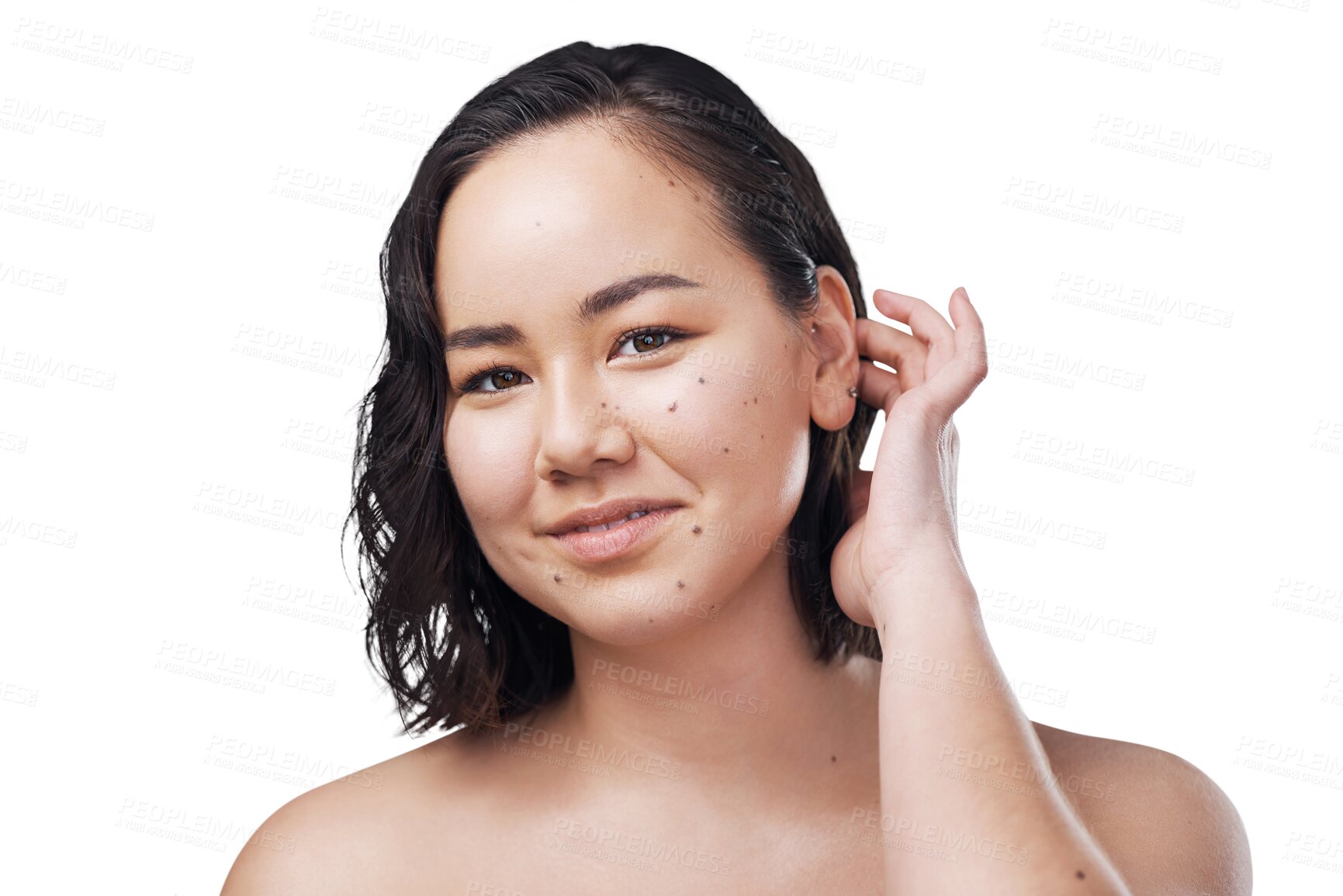 Buy stock photo Woman, beauty and smile in portrait, dermatology and confident or isolated on transparent png background. Asian female person, face and positive mindset for skincare, cosmetics and self care or relax