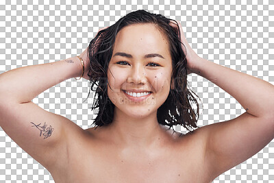 Buy stock photo Woman, skincare and smile in portrait, cosmetics and confident or isolated on transparent png background. Asian female person, face and positive mindset for beauty, dermatology and self care or relax