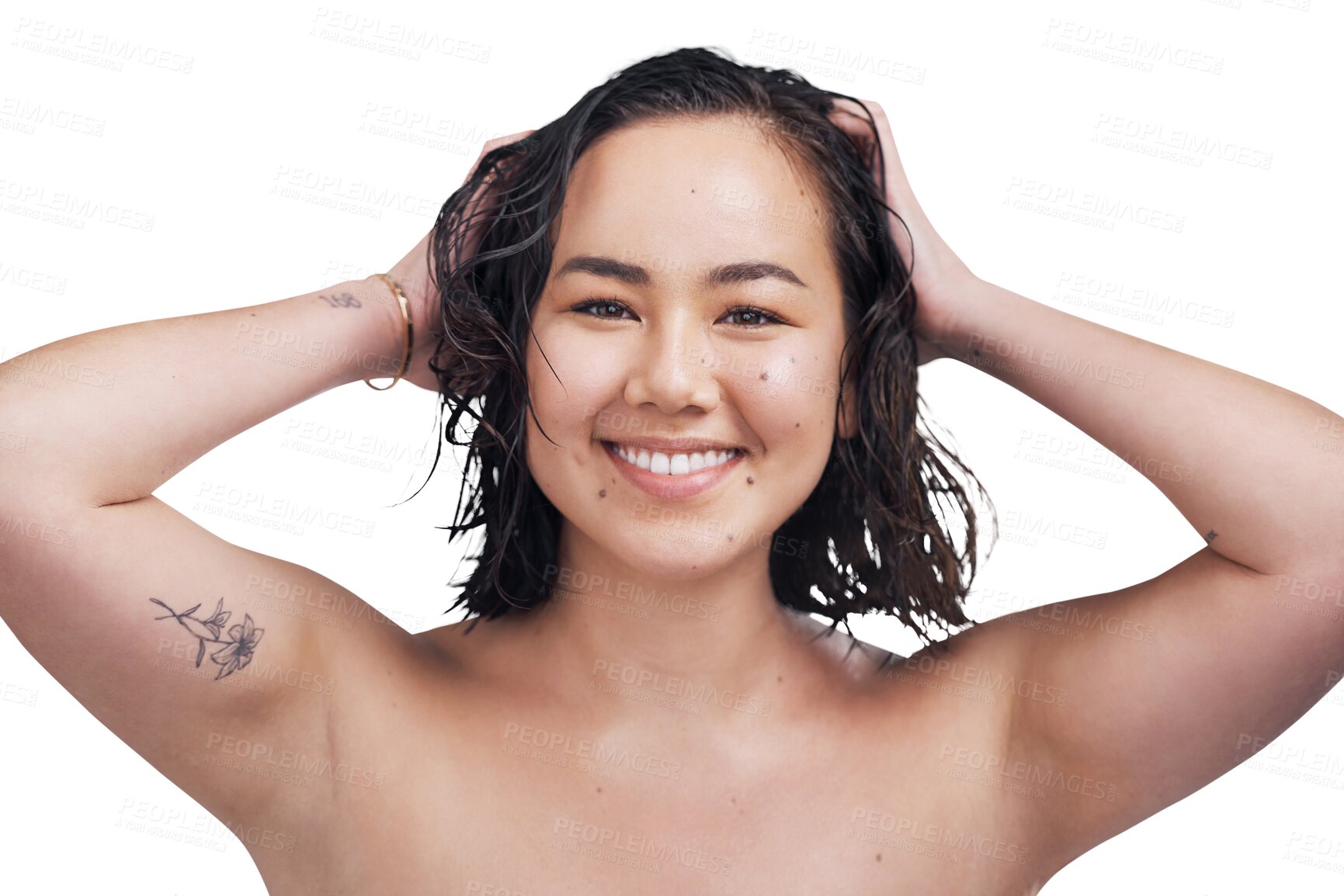 Buy stock photo Woman, skincare and smile in portrait, cosmetics and confident or isolated on transparent png background. Asian female person, face and positive mindset for beauty, dermatology and self care or relax