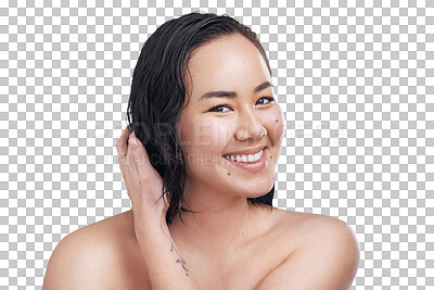 Buy stock photo Woman, beauty and smile in portrait, skincare and confident or isolated on transparent png background. Asian female person, face and happy for cosmetics, dermatology and self care or relaxing glow