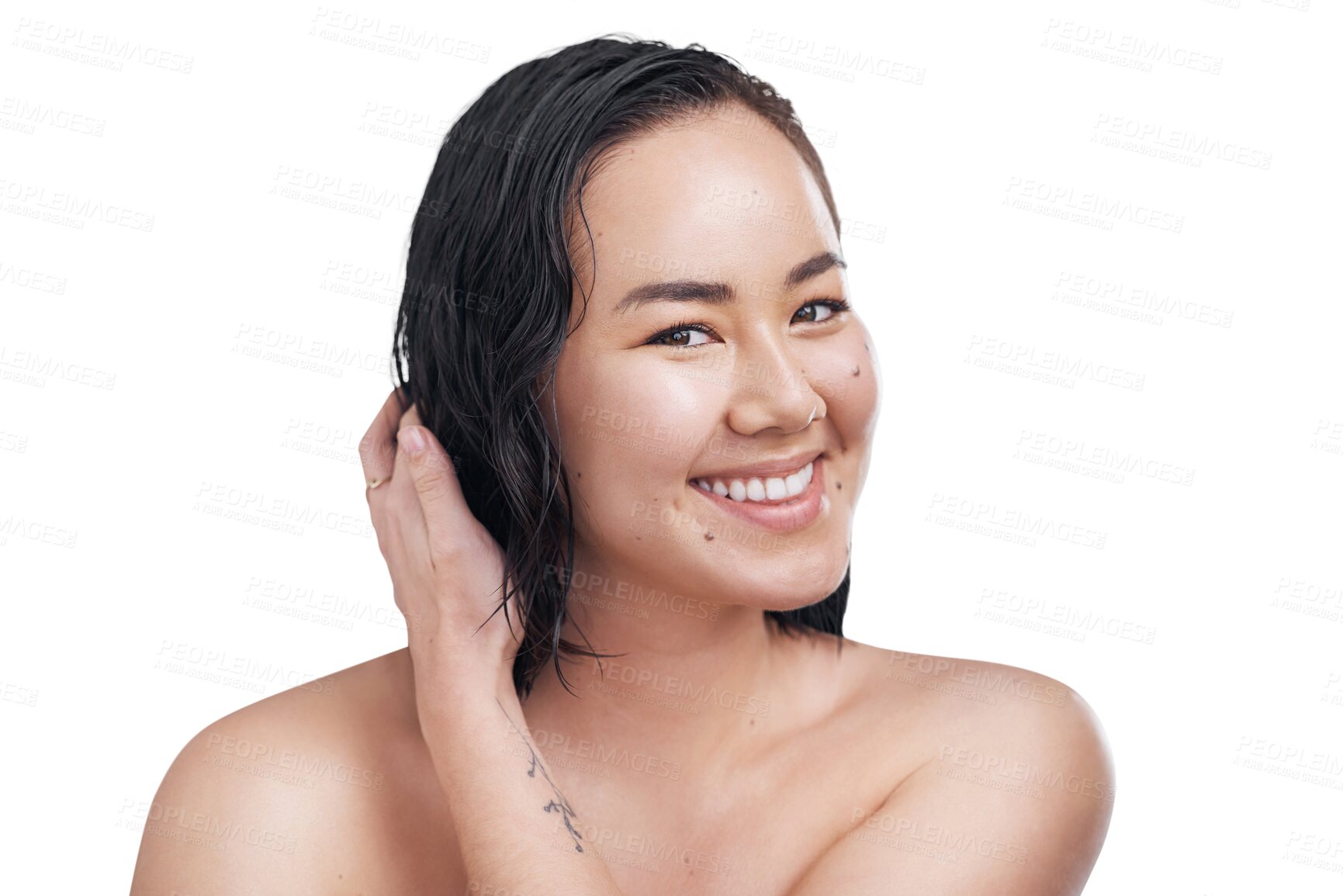 Buy stock photo Woman, beauty and smile in portrait, skincare and confident or isolated on transparent png background. Asian female person, face and happy for cosmetics, dermatology and self care or relaxing glow