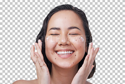 Buy stock photo Woman, smile and cream for skincare, application and isolated on transparent png background. Asian female person, lotion and hydration for skin, care and moisturiser or joy, cosmetics and dermatology