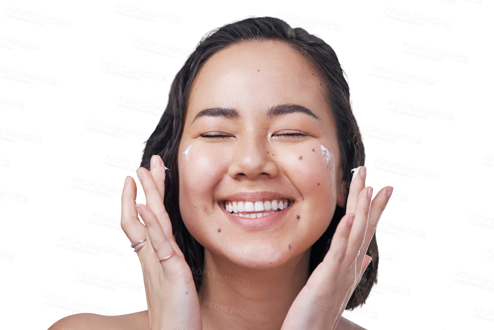 Buy stock photo Woman, smile and cream for skincare, application and isolated on transparent png background. Asian female person, lotion and hydration for skin, care and moisturiser or joy, cosmetics and dermatology