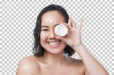 Buy stock photo Woman, portrait and moisturiser for skincare, container isolated on transparent png background. Asian female person, lotion and hydration for skin, care and creme or smile, cosmetics and dermatology