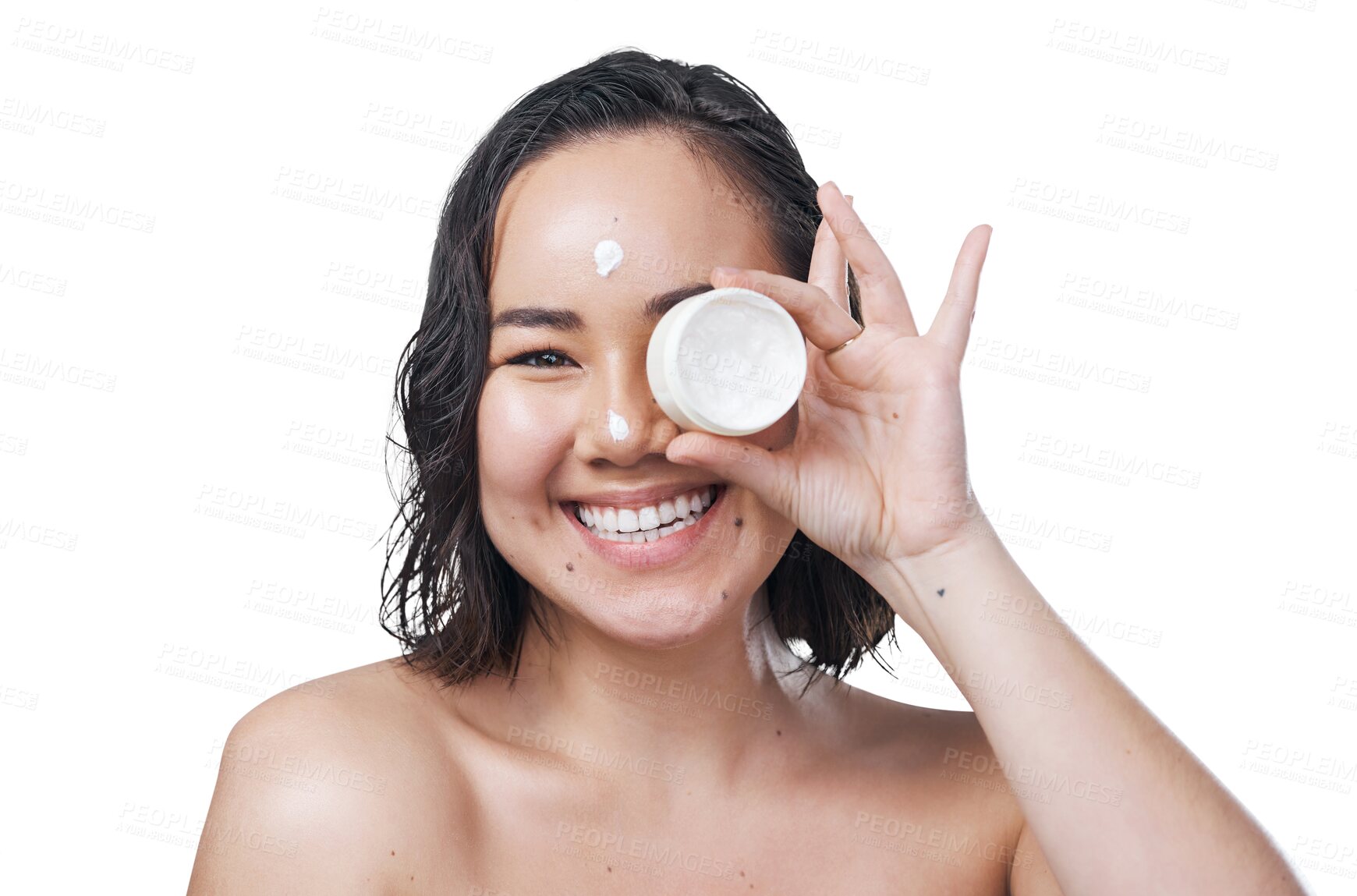 Buy stock photo Woman, portrait and moisturiser for skincare, container isolated on transparent png background. Asian female person, lotion and hydration for skin, care and creme or smile, cosmetics and dermatology