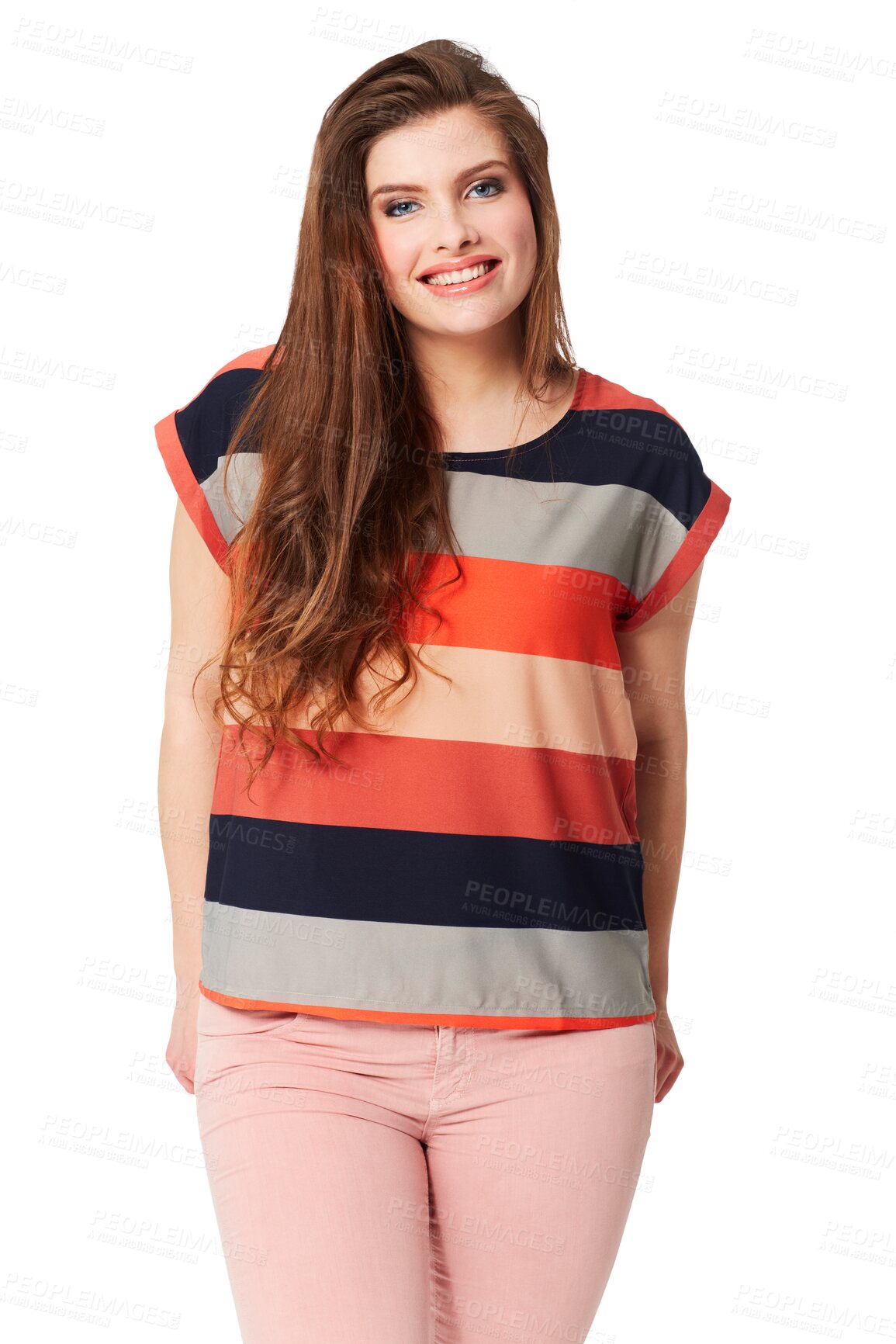 Buy stock photo Portrait, smile and woman with fashion, stylish clothes and confident girl isolated on transparent background. Face, person or model with casual outfit, trendy or happiness with beauty, casual or png