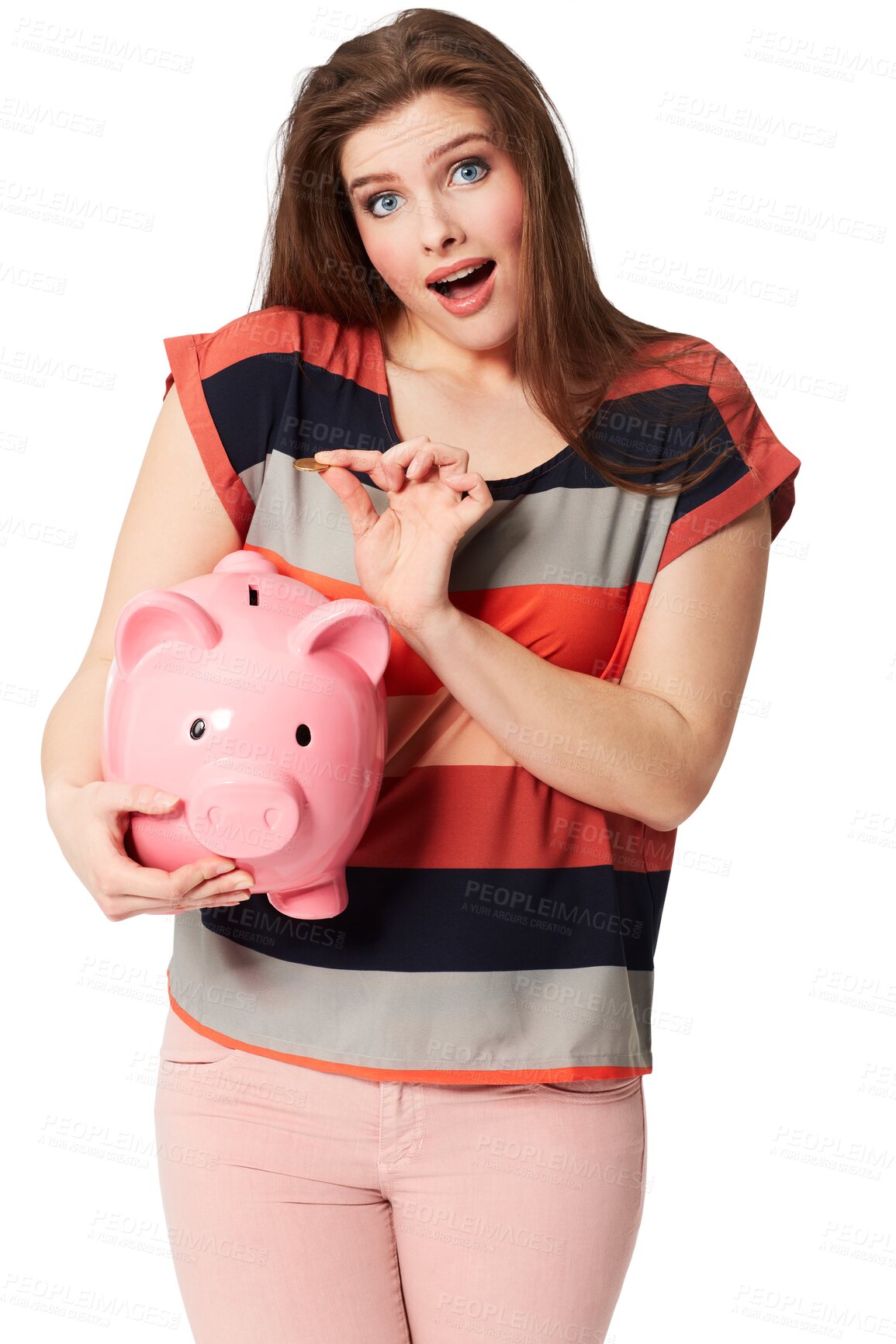 Buy stock photo Woman, surprise portrait or trendy fashion with casual aesthetic for contemporary style. Young model, face or sale clothes with coin savings by piggybank and isolated on transparent png background