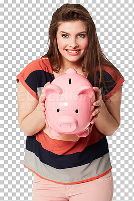 Buy stock photo Portrait, happy woman and piggy bank with savings for future, investment or banking. Female model, smile and excitement for wealth in container on isolated or transparent png background for insurance