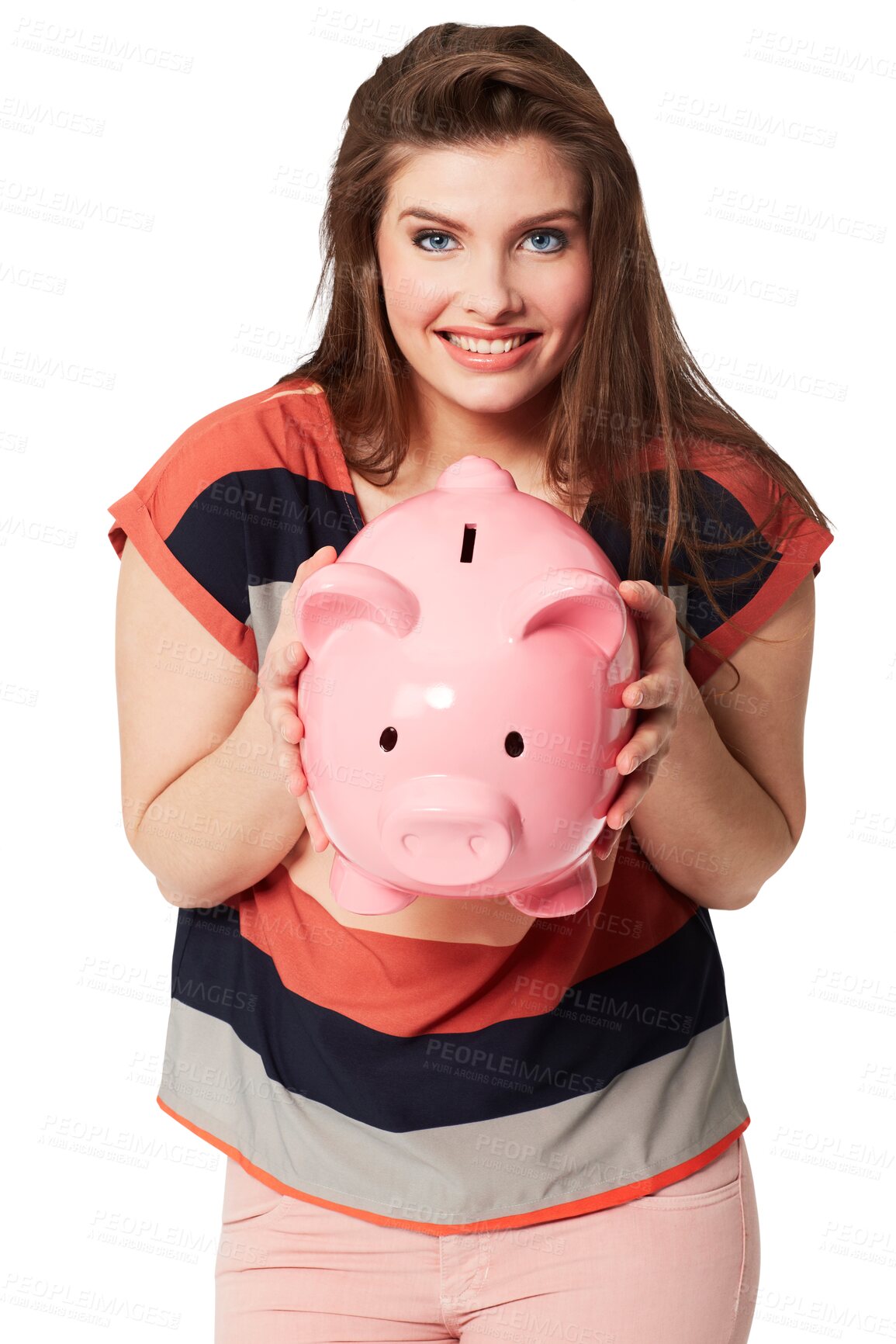 Buy stock photo Portrait, happy woman and piggy bank with savings for future, investment or banking. Female model, smile and excitement for wealth in container on isolated or transparent png background for insurance