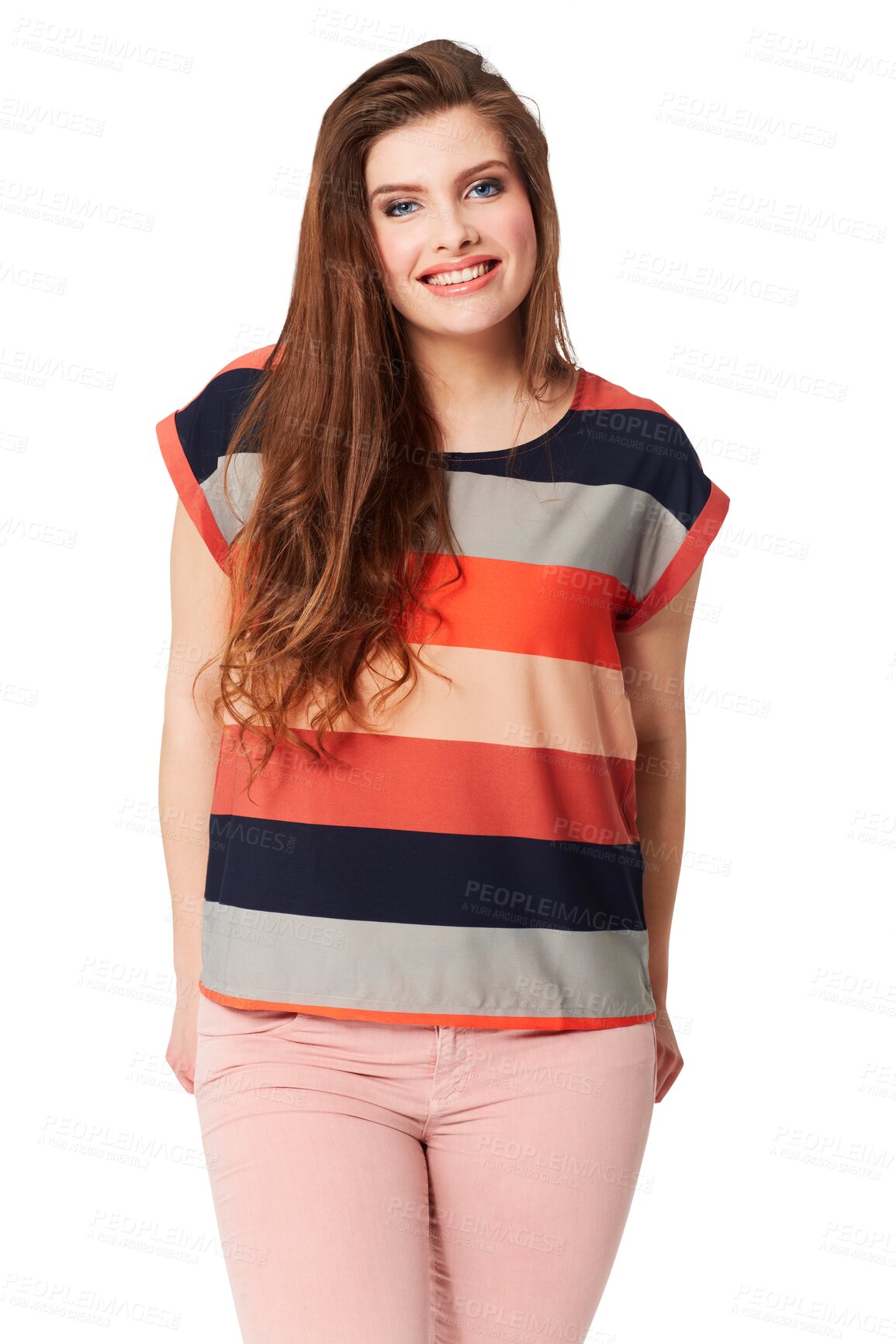 Buy stock photo Woman, happy portrait or trendy fashion with casual aesthetic for contemporary style. Young model, beauty face or smile in designer clothes for wellness and isolated on transparent png background