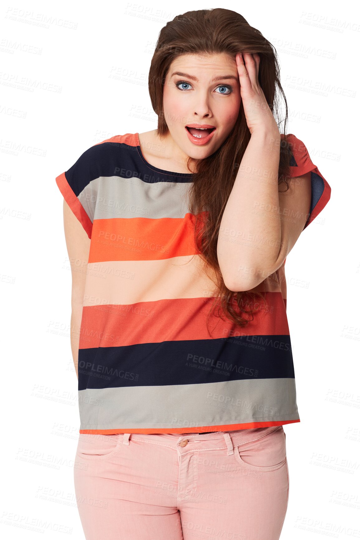 Buy stock photo Woman, shock portrait and trendy fashion with casual aesthetic with contemporary style. Young model, surprise face and color designer clothes for creative and isolated on transparent png background