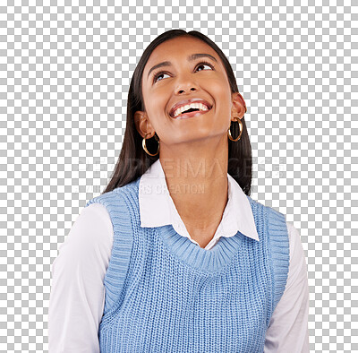 Buy stock photo Happy, thinking and young woman with a smile for positive, good and confident brainstorming attitude. Excited, dream and Indian female person with planning face isolated by transparent png background