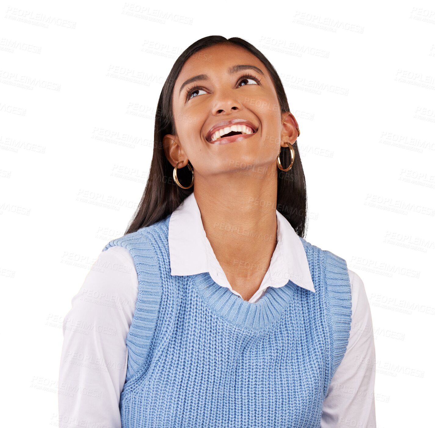 Buy stock photo Happy, thinking and young woman with a smile for positive, good and confident brainstorming attitude. Excited, dream and Indian female person with planning face isolated by transparent png background