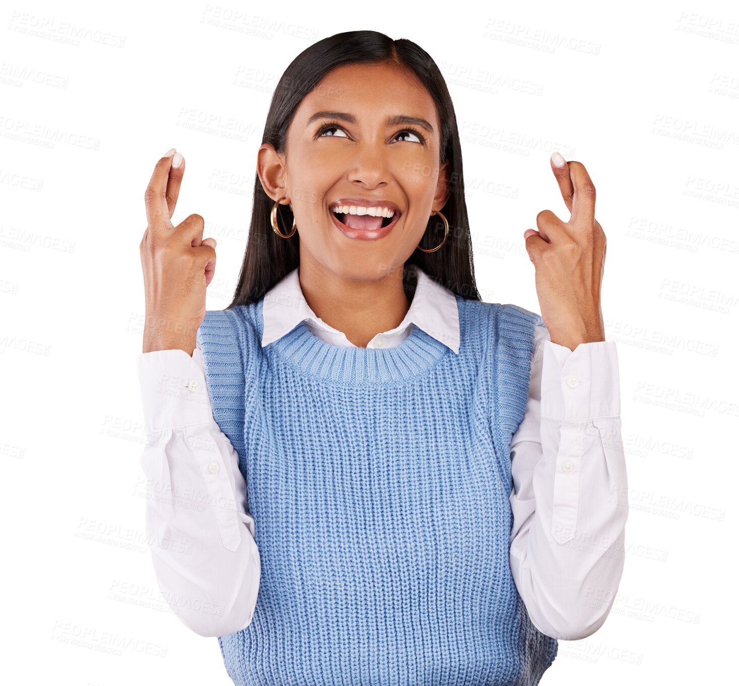 Buy stock photo Hope, wish and fingers crossed with a happy indian woman isolated on a transparent background for good luck. Praying, faith and optimism with a young person on PNG for fantasy or superstition