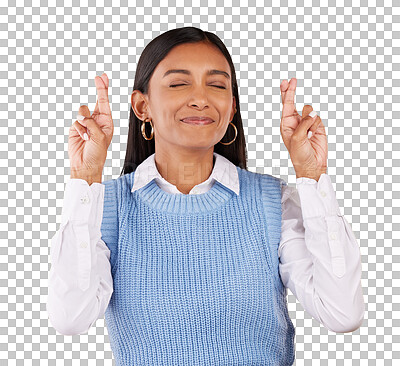 Buy stock photo Hope, optimism and fingers crossed with a happy indian woman isolated on a transparent background for good luck. Praying, faith and wish with a young person on PNG for excited sign or superstition