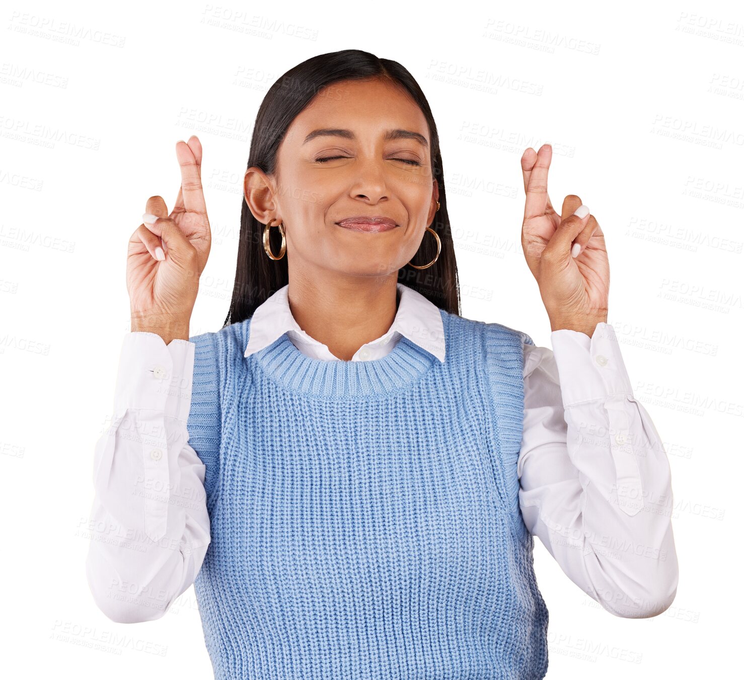 Buy stock photo Hope, optimism and fingers crossed with a happy indian woman isolated on a transparent background for good luck. Praying, faith and wish with a young person on PNG for excited sign or superstition