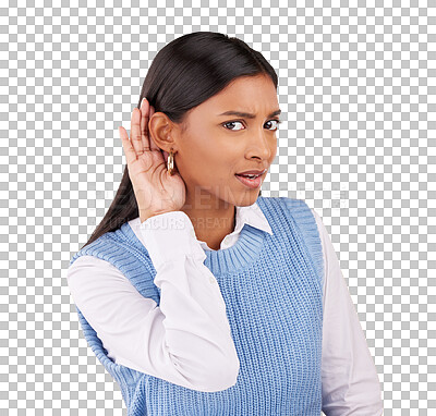 Buy stock photo Portrait, confused and an indian woman hearing a secret or gossip while isolated on a transparent background. Doubt, hand and ear with a young person listening to fake news ot a rumor on PNG