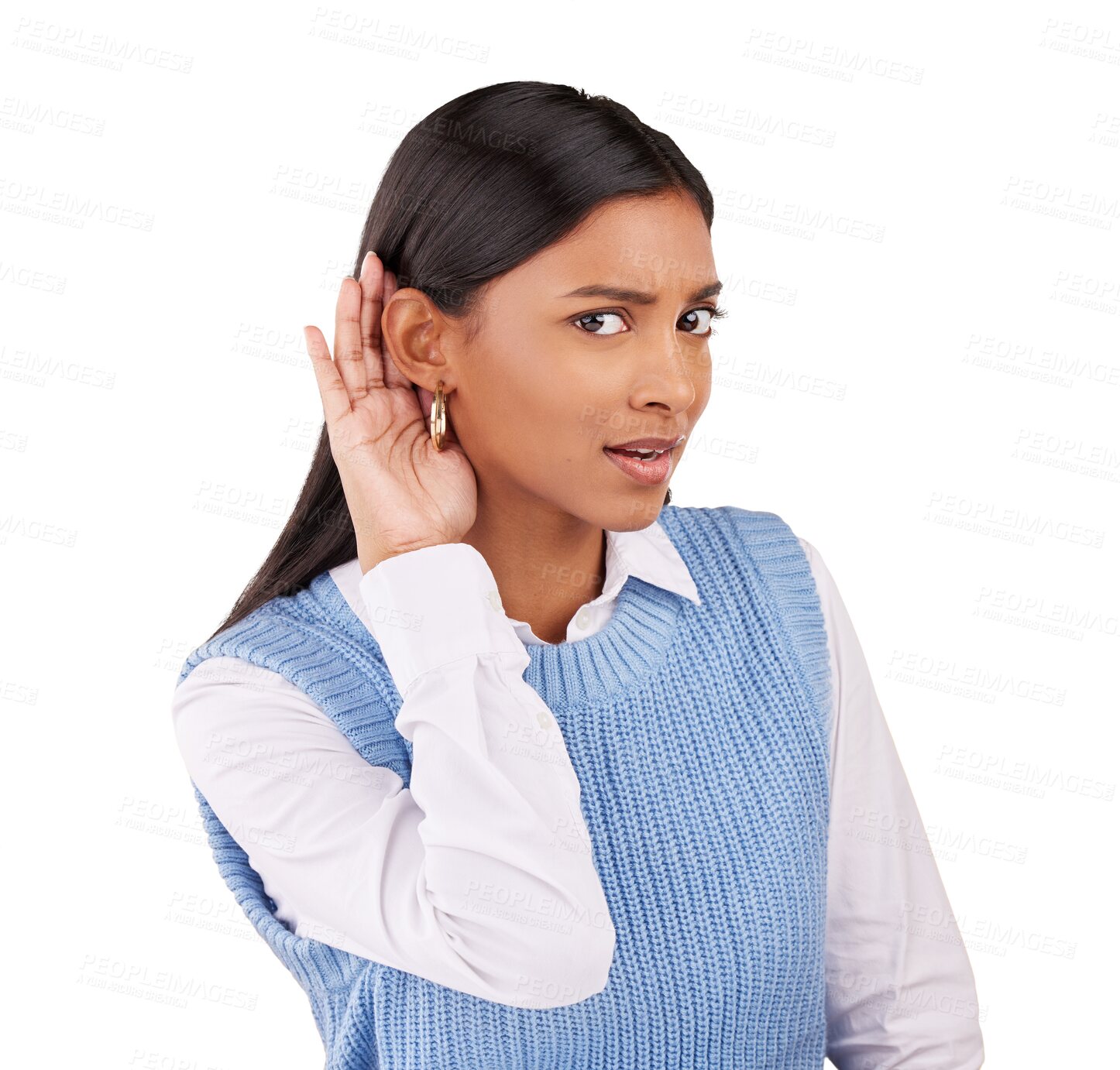 Buy stock photo Portrait, confused and an indian woman hearing a secret or gossip while isolated on a transparent background. Doubt, hand and ear with a young person listening to fake news ot a rumor on PNG