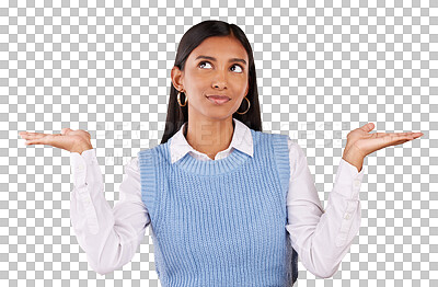 Buy stock photo Woman, hands and choice thinking or offer decision for option, show or isolated on transparent png background. Indian person, uncertain and doubt for thoughts question info, compare idea or opinion