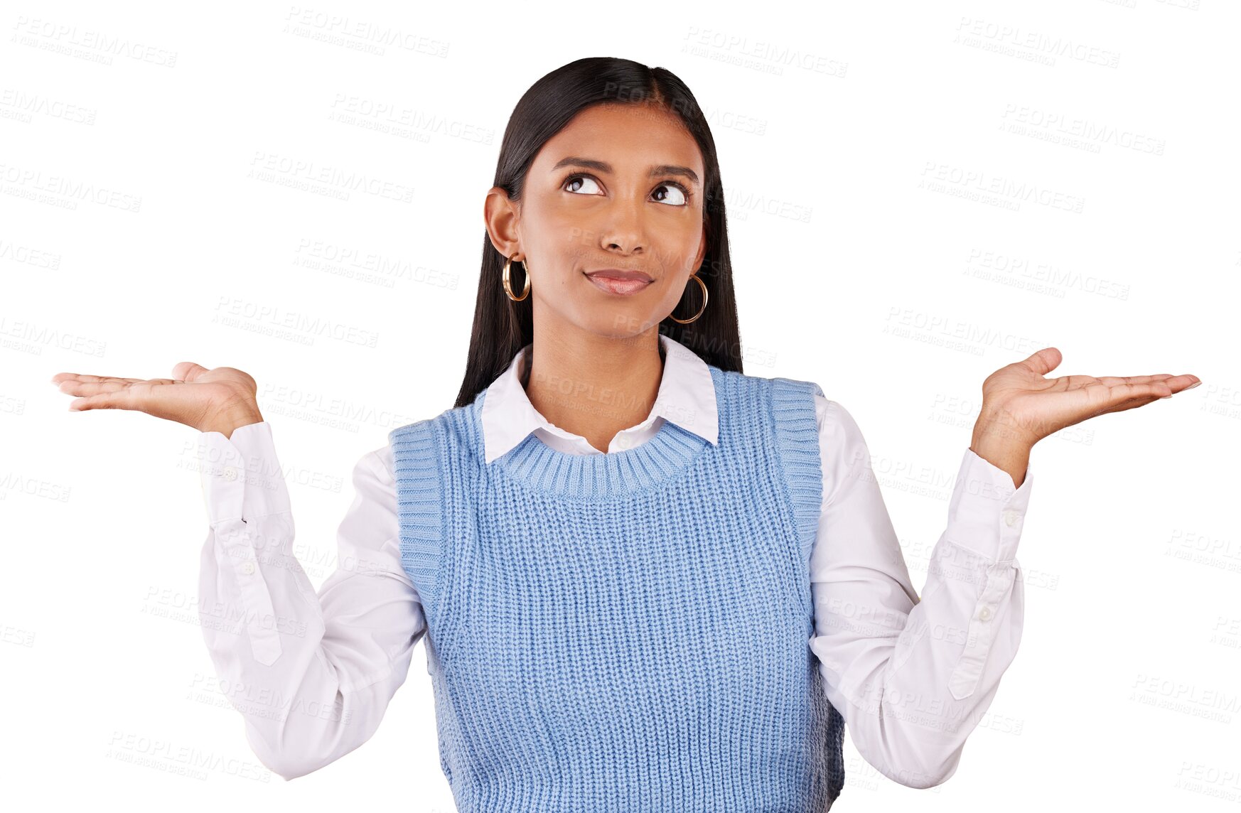 Buy stock photo Woman, hands and choice thinking or offer decision for option, show or isolated on transparent png background. Indian person, uncertain and doubt for thoughts question info, compare idea or opinion