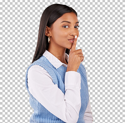 Buy stock photo Woman, portrait and hand on lips for secret, privacy or gossip isolated on a png transparent background. Indian person, face and quiet gesture, emoji or sign for whisper, confidential and silence