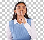 Portrait, secret and woman with finger on lips, private and whisper against a studio background. Face, female and lady with gesture for quiet, silence and secrecy with privacy sign, gossip and silent