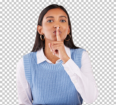 Buy stock photo Woman, portrait and hand on lips for privacy, secret or gossip isolated on a png transparent background. Indian person, face and quiet gesture, emoji or sign for whisper, confidential and silence