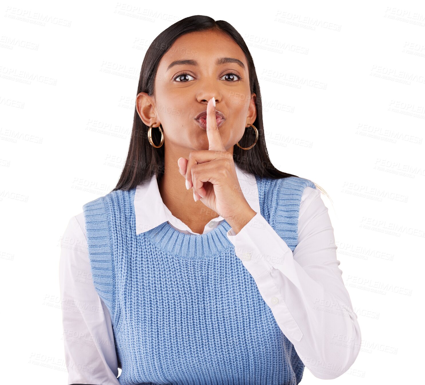 Buy stock photo Woman, portrait and hand on lips for privacy, secret or gossip isolated on a png transparent background. Indian person, face and quiet gesture, emoji or sign for whisper, confidential and silence