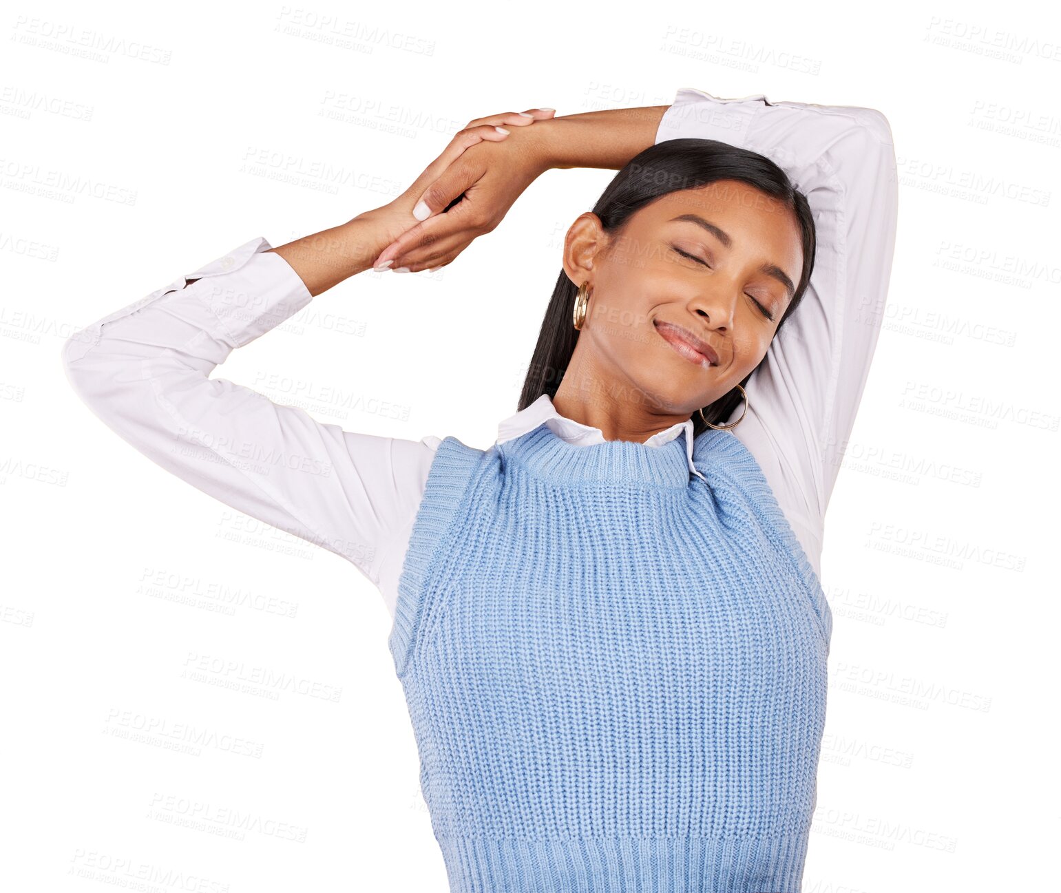 Buy stock photo Woman, relax and stretching smile for peace or quiet free time, calm isolated on transparent png background. Indian person, arms for morning joy or sleepy for weekend wellness, lazy day or wellbeing