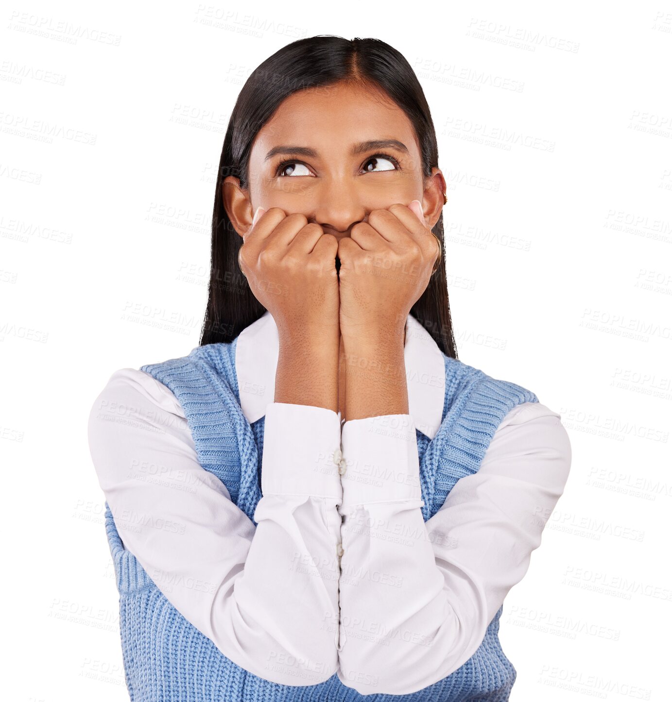 Buy stock photo Face, happy woman and cover of mouth for secret, gossip or news with playful expression. Indian person, professional and excitement emoji for announcement on isolated or transparent png background