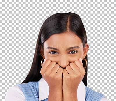 Buy stock photo Face, happy woman and cover of mouth for silence, gossip or news in closeup with playful expression. Indian person, excitement emoji and secret on isolated or transparent png background for talking