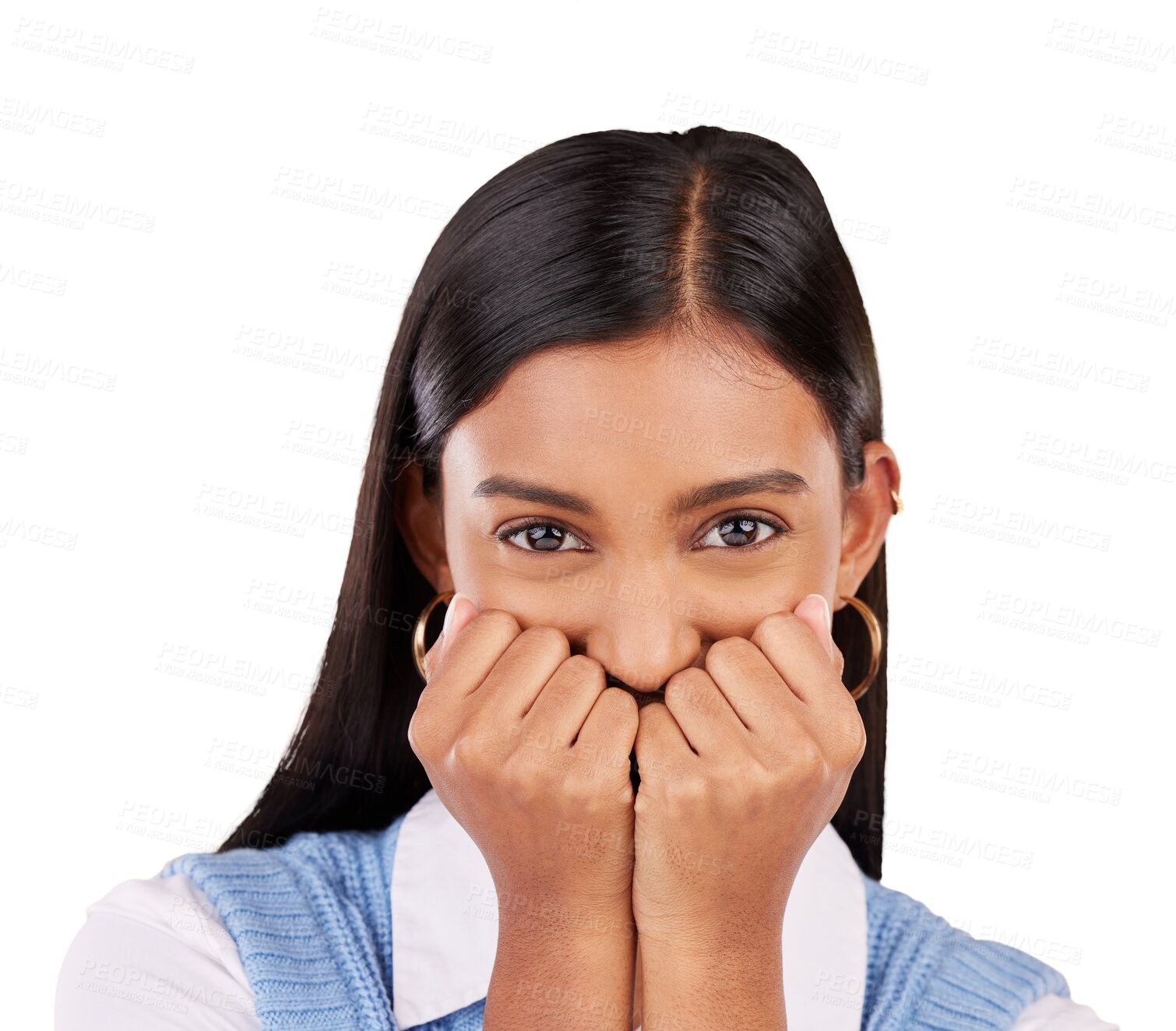 Buy stock photo Face, happy woman and cover of mouth for silence, gossip or news in closeup with playful expression. Indian person, excitement emoji and secret on isolated or transparent png background for talking