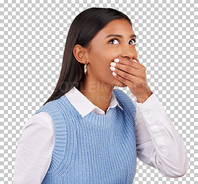 Buy stock photo Woman, face and hand with surprised for secret, announcement or gossip isolated on a png transparent background. Indian person, sale and shocked, emoji or sign for drama, confidential and gesture