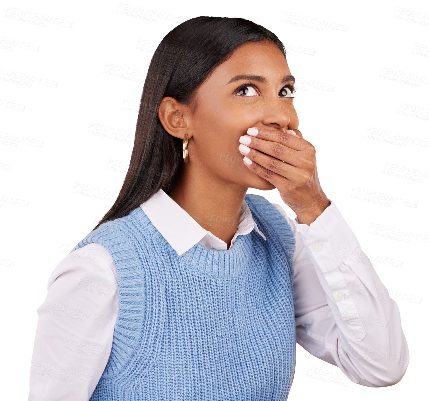 Buy stock photo Woman, face and hand with surprised for secret, announcement or gossip isolated on a png transparent background. Indian person, sale and shocked, emoji or sign for drama, confidential and gesture