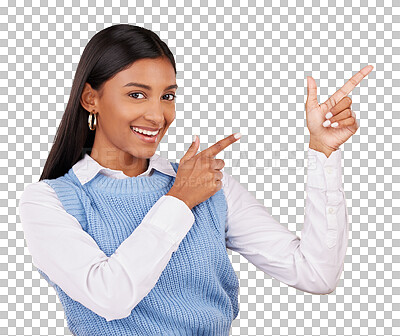 Buy stock photo Portrait, happy woman and pointing by hand for offer, deal or notification. Indian person, entrepreneur and smile with gesture on isolated or transparent png background for choice, decision or option