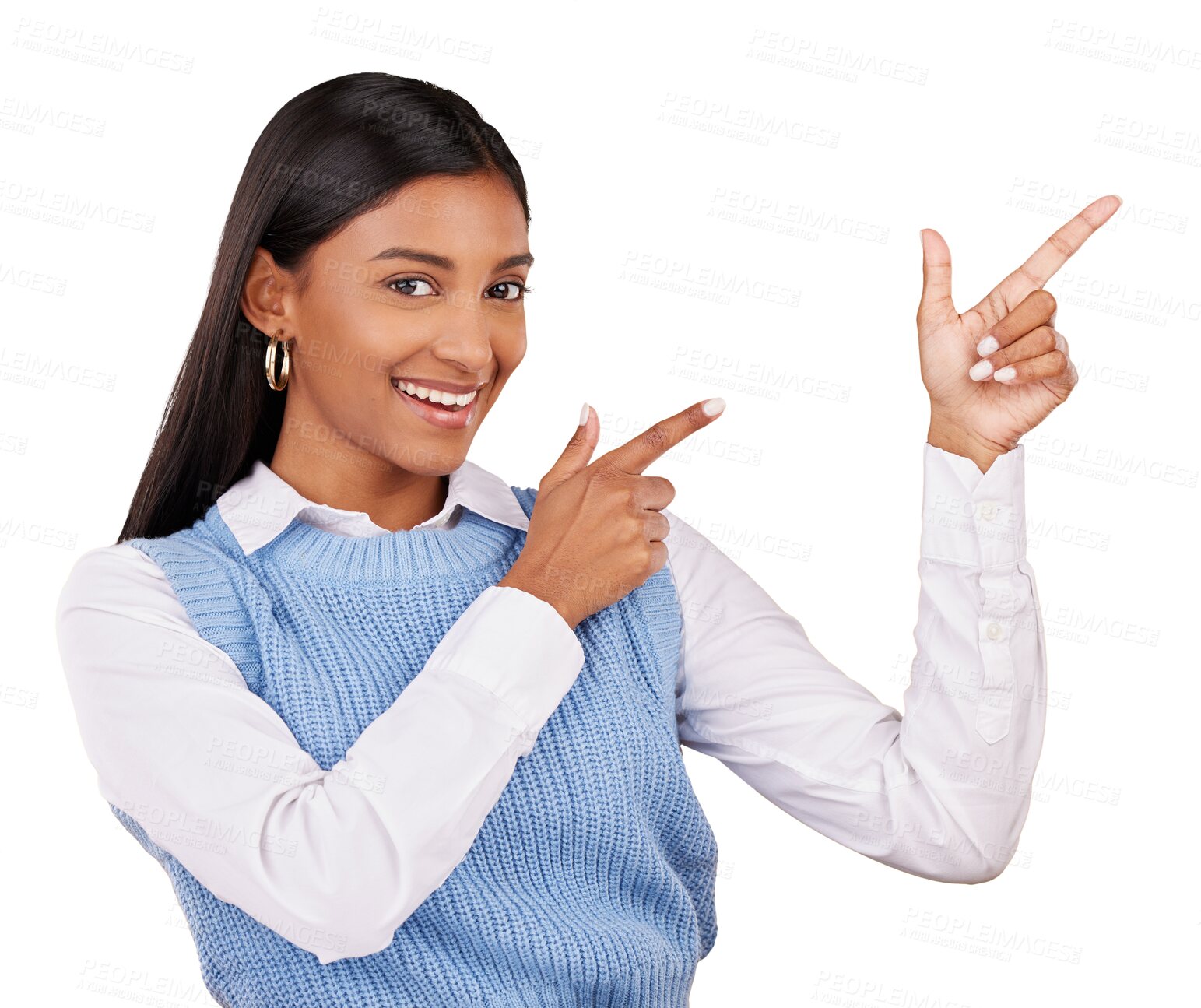 Buy stock photo Portrait, happy woman and pointing by hand for offer, deal or notification. Indian person, entrepreneur and smile with gesture on isolated or transparent png background for choice, decision or option