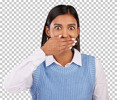 Buy stock photo Woman, portrait and hand with surprised for secret, announcement or gossip isolated on a png transparent background. Indian person, face and shocked, emoji or sign for drama, confidential and gesture