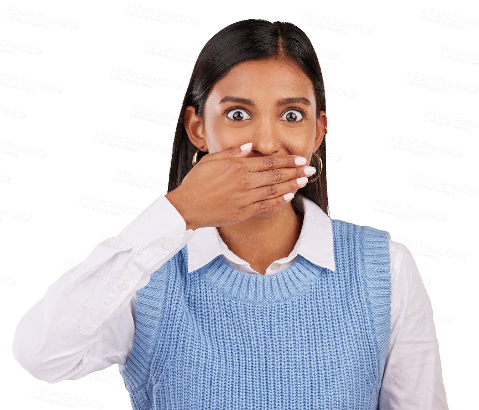 Buy stock photo Woman, portrait and hand with surprised for secret, announcement or gossip isolated on a png transparent background. Indian person, face and shocked, emoji or sign for drama, confidential and gesture