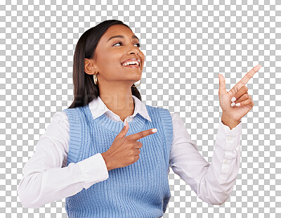 Buy stock photo Face, happy woman and pointing by hand by offer, announcement or deal. Indian person, thinking or smile by gesture for vision on isolated or transparent png background by suggestion, choice or option