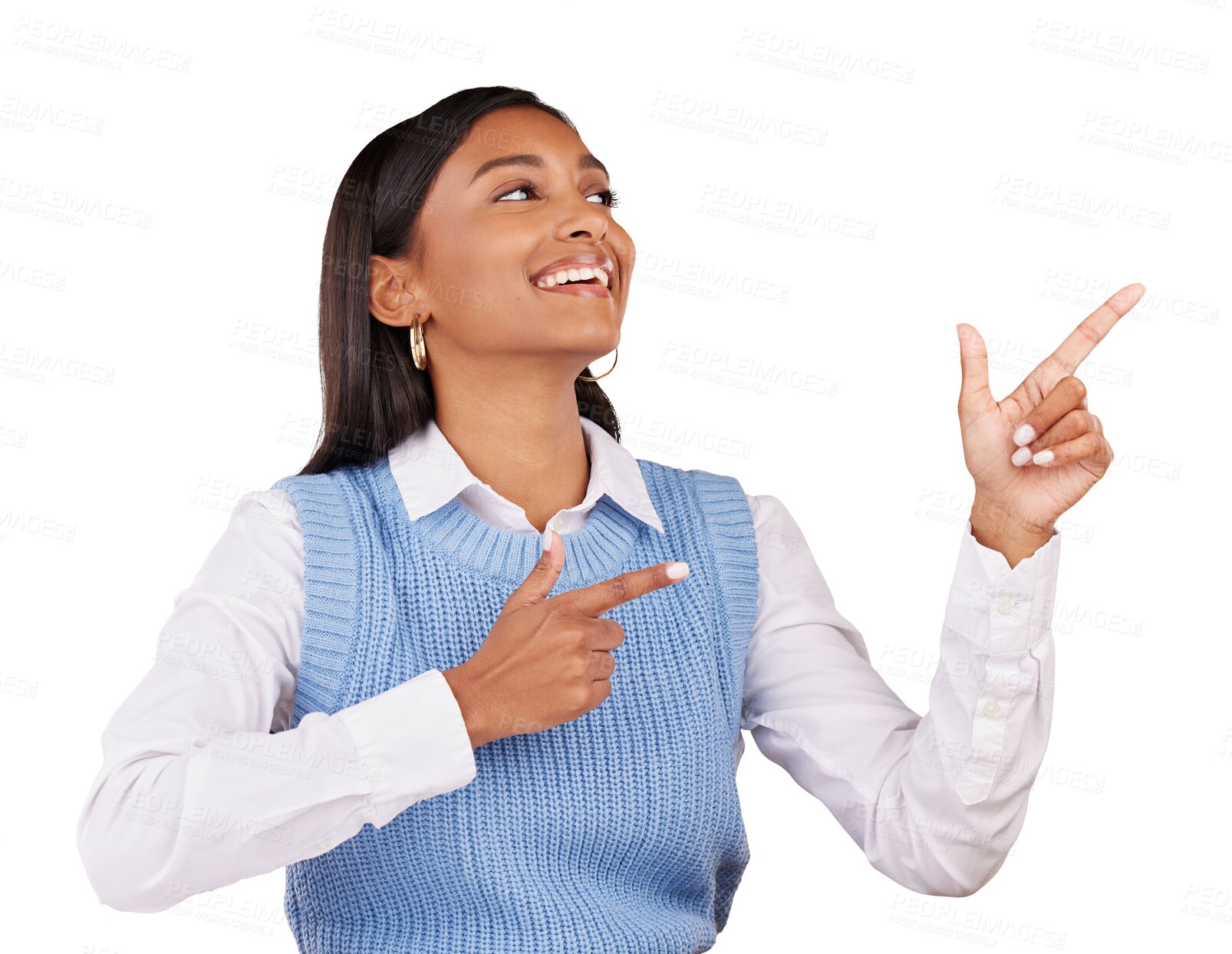 Buy stock photo Face, happy woman and pointing by hand by offer, announcement or deal. Indian person, thinking or smile by gesture for vision on isolated or transparent png background by suggestion, choice or option