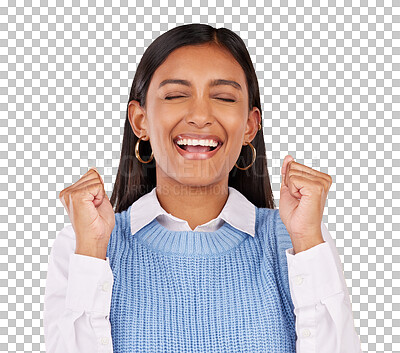 Buy stock photo Winning, excited and young woman with a smile for positive, good and confident proud attitude. Surprise, pride and Indian female person with joyful expression isolated by transparent png background.