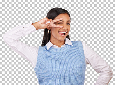 Buy stock photo Portrait, peace and sign with woman, wink and happiness isolated on transparent background. Face, person and model with png, smile and support with feedback, review and emoji with confidence and joy