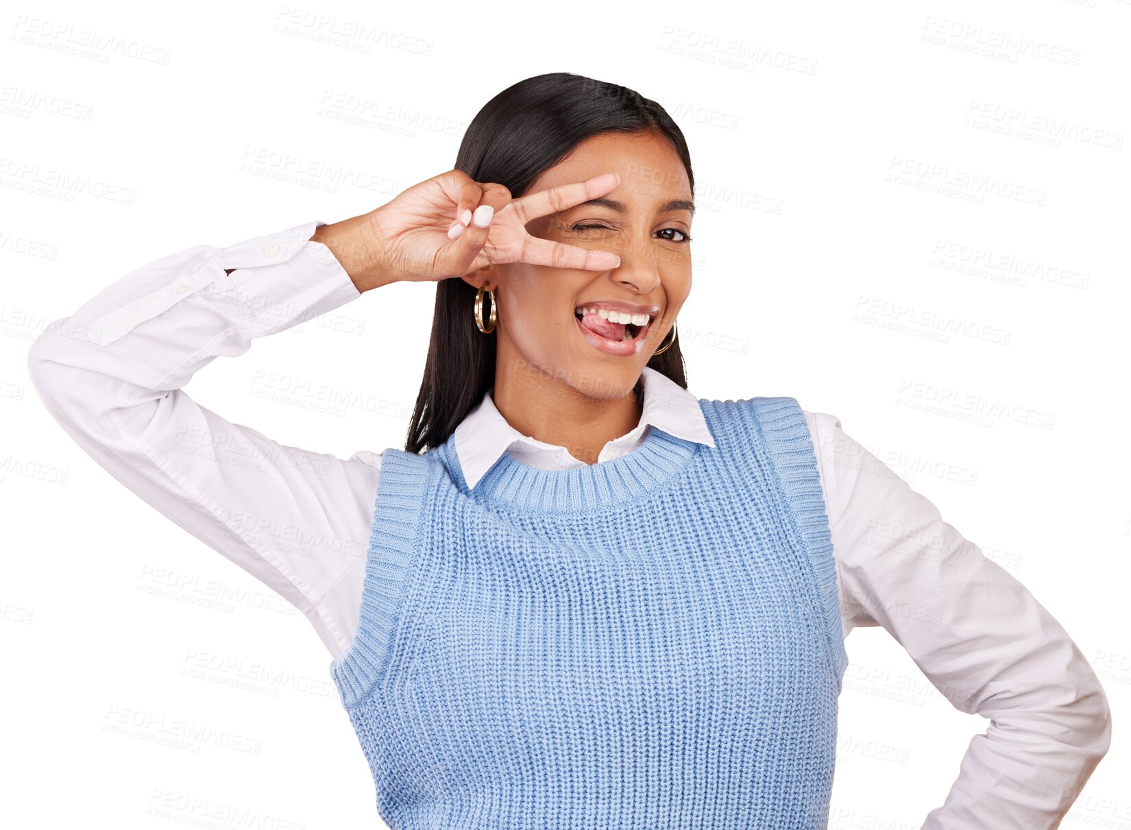 Buy stock photo Portrait, peace and sign with woman, wink and happiness isolated on transparent background. Face, person and model with png, smile and support with feedback, review and emoji with confidence and joy