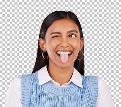 Buy stock photo Funny face, wink and tongue out with happy indian woman isolated on a transparent background for comedy. Smile, comic and emoji with an excited young person on PNG for humor or facial expression