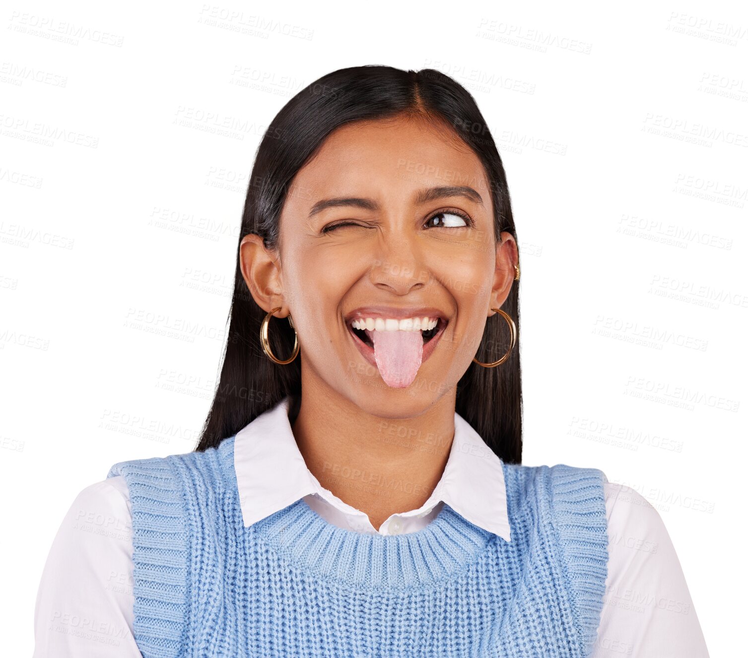 Buy stock photo Funny face, wink and tongue out with happy indian woman isolated on a transparent background for comedy. Smile, comic and emoji with an excited young person on PNG for humor or facial expression