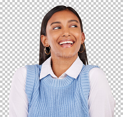 Buy stock photo Happy, planning and young woman with a smile for positive, good and confident brainstorming attitude. Excited, dream and Indian female person with thinking face isolated by transparent png background