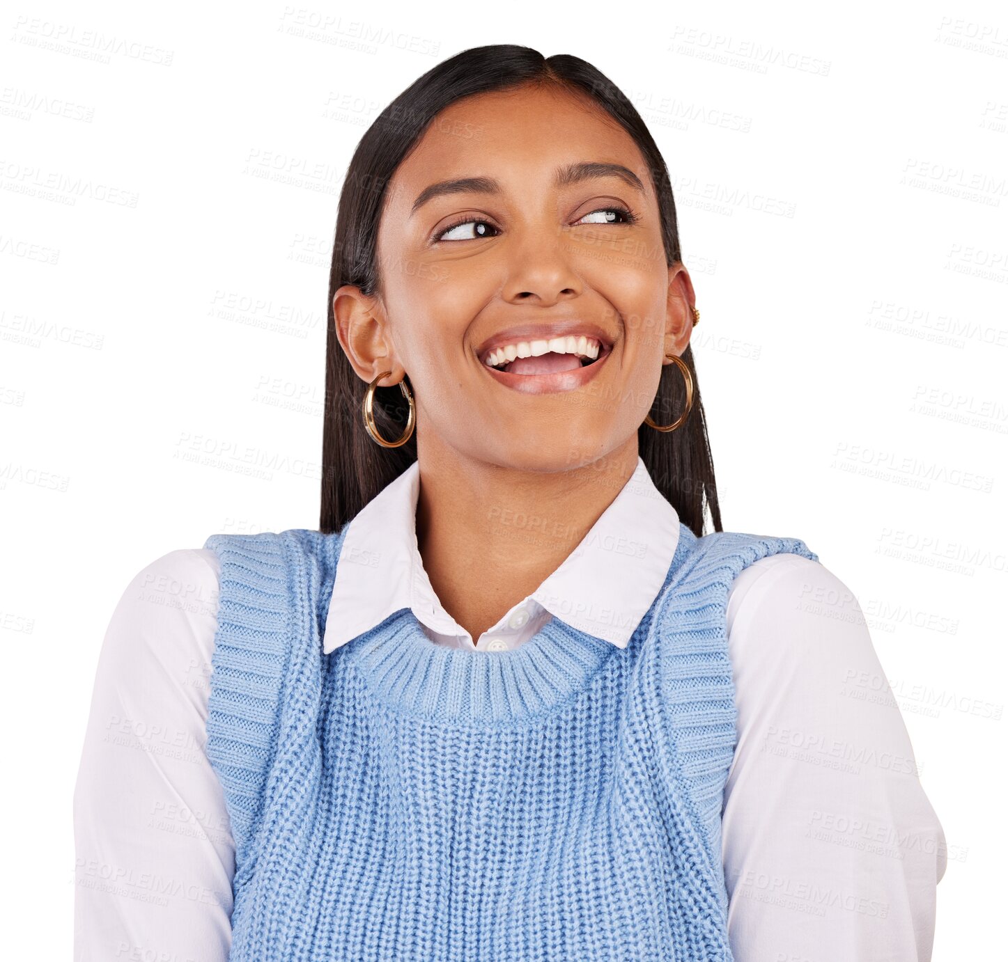 Buy stock photo Happy, planning and young woman with a smile for positive, good and confident brainstorming attitude. Excited, dream and Indian female person with thinking face isolated by transparent png background