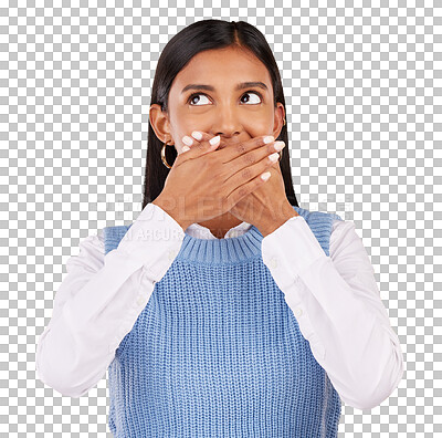 Buy stock photo Woman, face and hand with surprised for secret, announcement or gossip isolated on a png transparent background. Indian person, wow and shocked, emoji or sign for drama, confidential and gesture